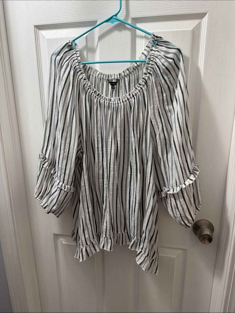 Woven Striped  Peasant Top - White/Black
